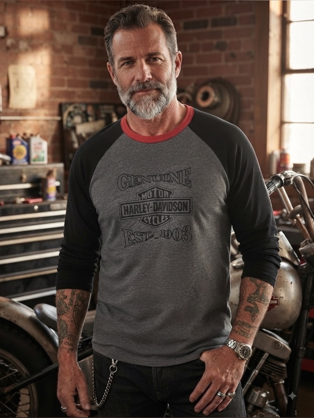 Harley-Davidson Grey, Black & Red Raglan Long-Sleeve Shirt